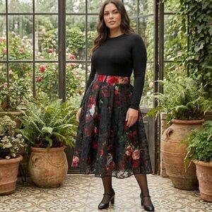 Mod Cloth Romantic Whimsigoth Floral Satin Midi Skirt Sheer Lace Overlay Size 1X